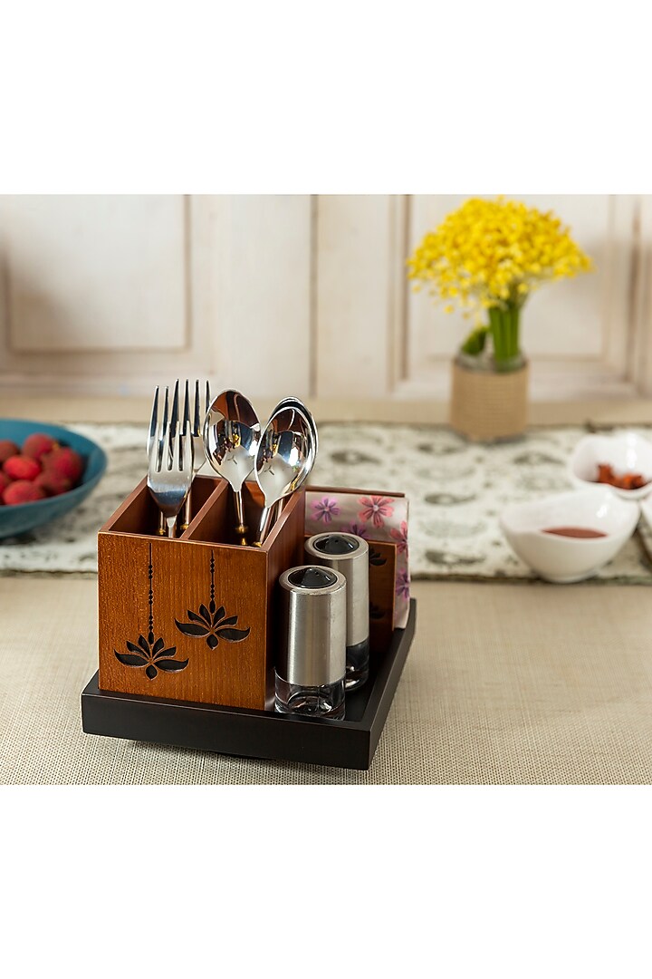 Black & Brown Engineered Wood Cutlery holder Set by Aarav Designs at Pernia's Pop Up Shop