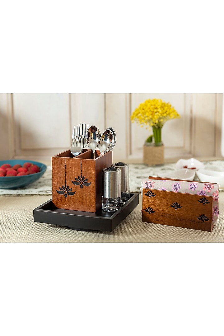 Black & Brown Engineered Wood Cutlery holder Set by Aarav Designs at Pernia's Pop Up Shop