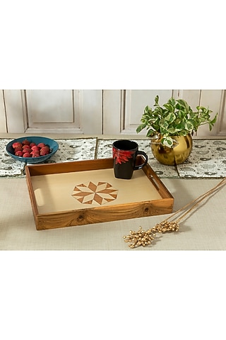 Brown & White Sheesham Wood Tray by Aarav Designs
