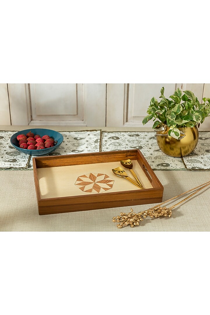Brown & White Sheesham Wood Tray by Aarav Designs at Pernia's Pop Up Shop