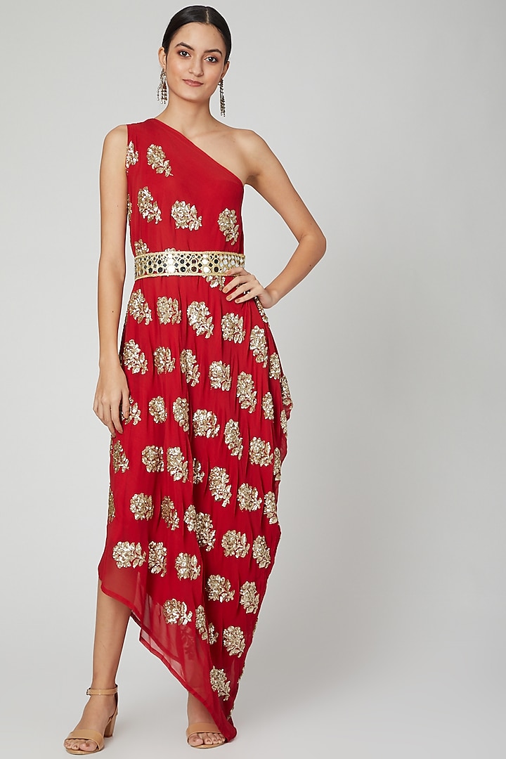 Red Embroidered Dress With Belt by Arab Crab