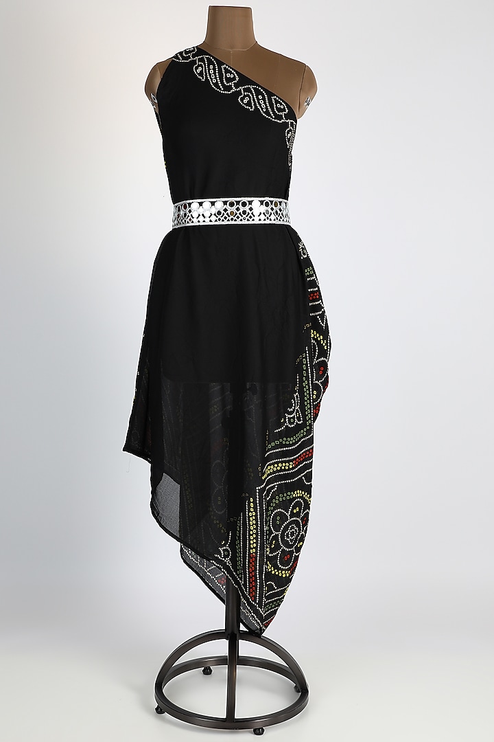Black Bandhani Printed Draped Dress by Arab Crab