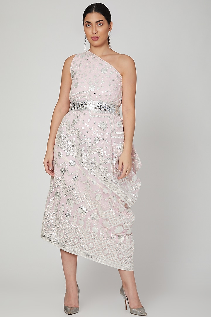Baby Pink Embroidered Dress With Belt by Arab Crab
