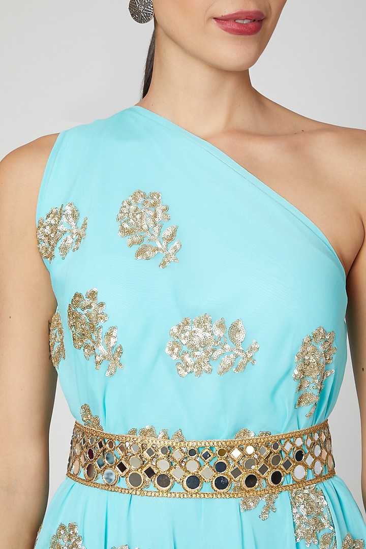 Turquoise Embroidered Dress With Belt Design by Arab Crab at Pernia's Pop  Up Shop 2024