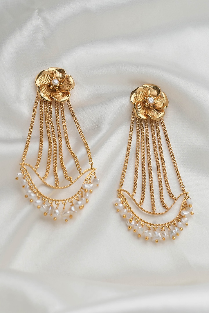 Gold Finish Handcrafted Pearl Chandbali Earrings by Aaree Accessories at Pernia's Pop Up Shop