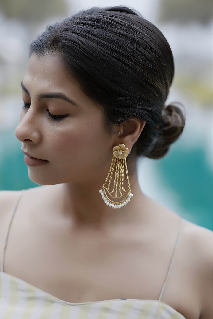 Gold Finish Handcrafted Pearl Chandbali Earrings by Aaree Accessories at Pernia's Pop Up Shop