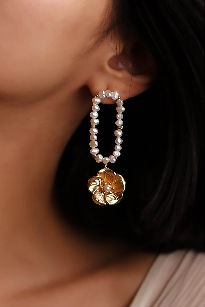 Gold Finish Handcrafted Pearl Dangler Earrings by Aaree Accessories