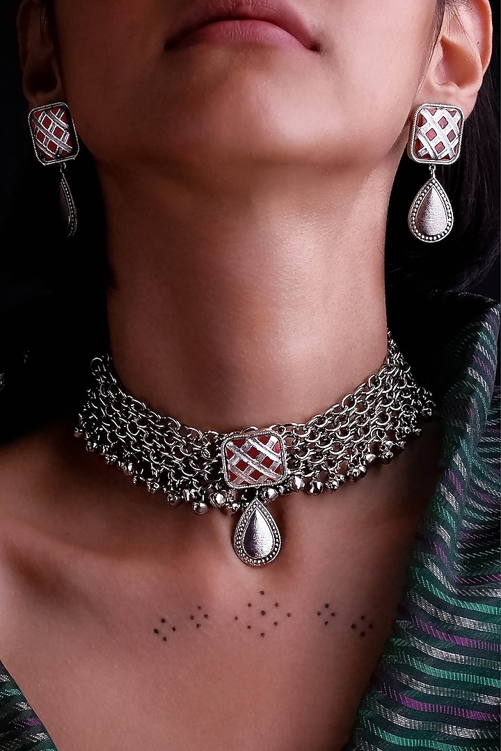 Silver Motifs & Red Stone Enamelled Choker Necklace by Aaree Accessories