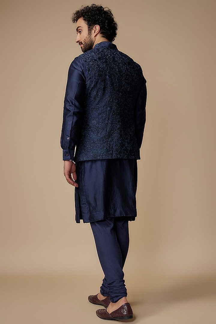 Blue Chanderi Silk Thread Embroidered Bundi Jacket Set by ARJAN DUGAL at Pernia's Pop Up Shop