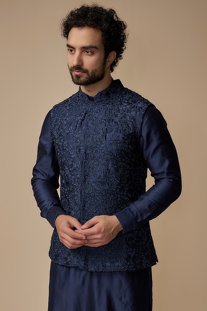 Blue Chanderi Silk Thread Embroidered Bundi Jacket Set by ARJAN DUGAL at Pernia's Pop Up Shop