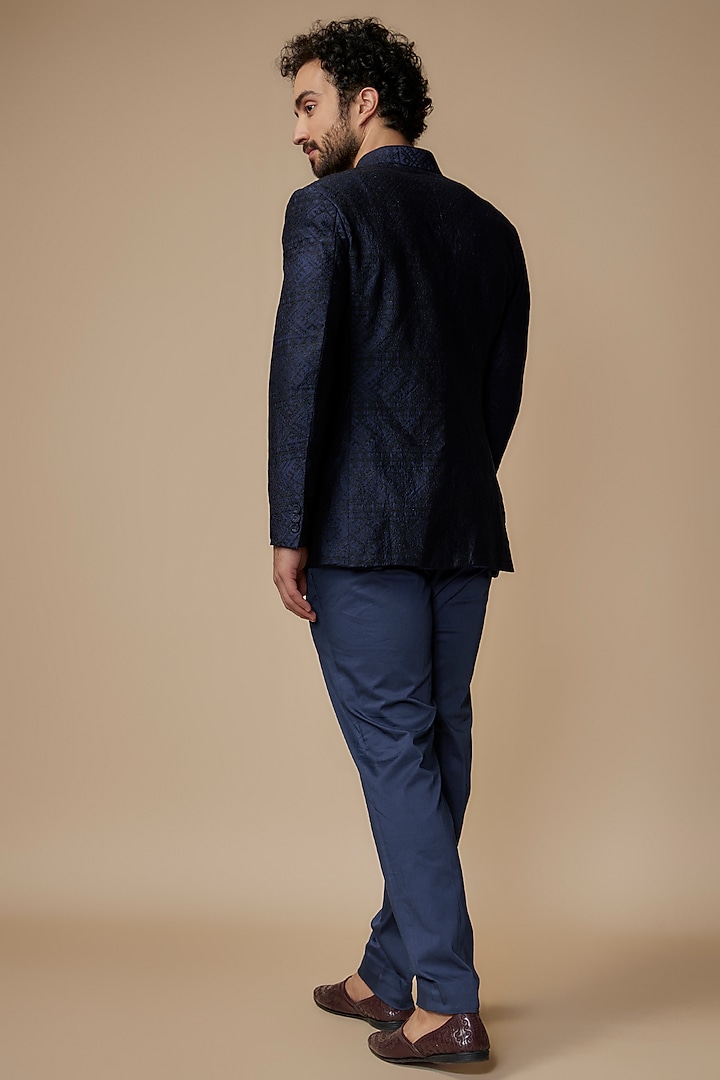 Blue Silk Georgette Embroidered Groom Bandhgala Set by ARJAN DUGAL at Pernia's Pop Up Shop