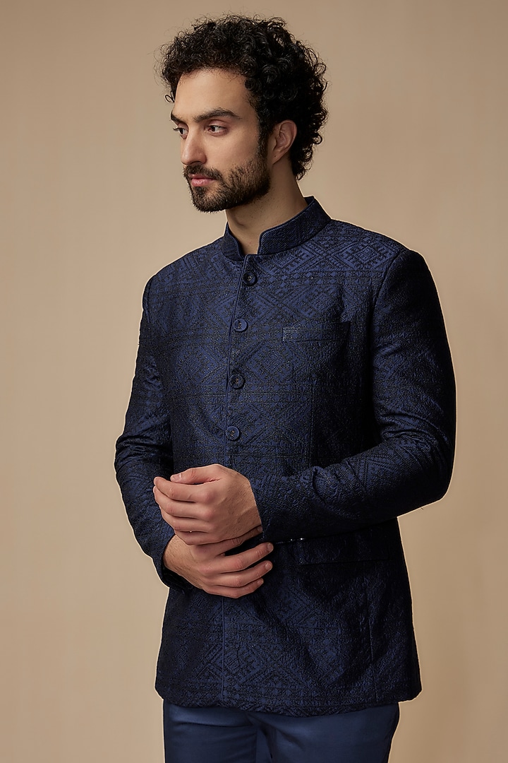 Blue Silk Georgette Embroidered Groom Bandhgala Set by ARJAN DUGAL at Pernia's Pop Up Shop