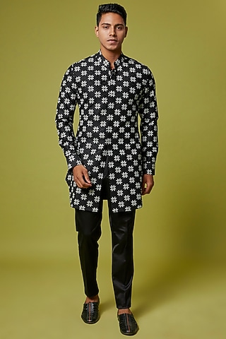 Black Chanderi Silk Printed & Embroidered Kurta Set by ARJAN DUGAL