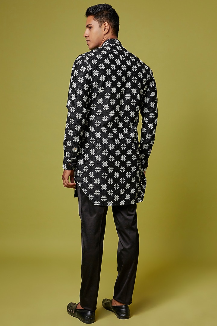 Black Chanderi Silk Printed & Embroidered Kurta Set by ARJAN DUGAL at Pernia's Pop Up Shop