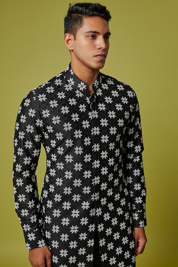 Black Chanderi Silk Printed & Embroidered Kurta Set by ARJAN DUGAL at Pernia's Pop Up Shop