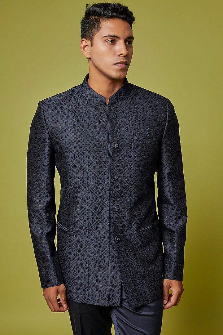 Black Cotton Silk Embroidered Wedding Bandhgala Set by ARJAN DUGAL at Pernia's Pop Up Shop