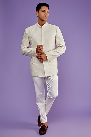 Ivory Cotton Silk Embroidered Bandhgala Set by ARJAN DUGAL