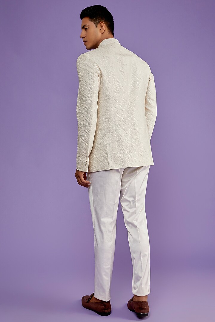 Ivory Cotton Silk Embroidered Wedding Bandhgala Set by ARJAN DUGAL at Pernia's Pop Up Shop
