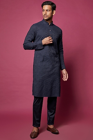 Navy Blue Handwoven Jamdani & Silk Viscose Kurta Set by ARJAN DUGAL