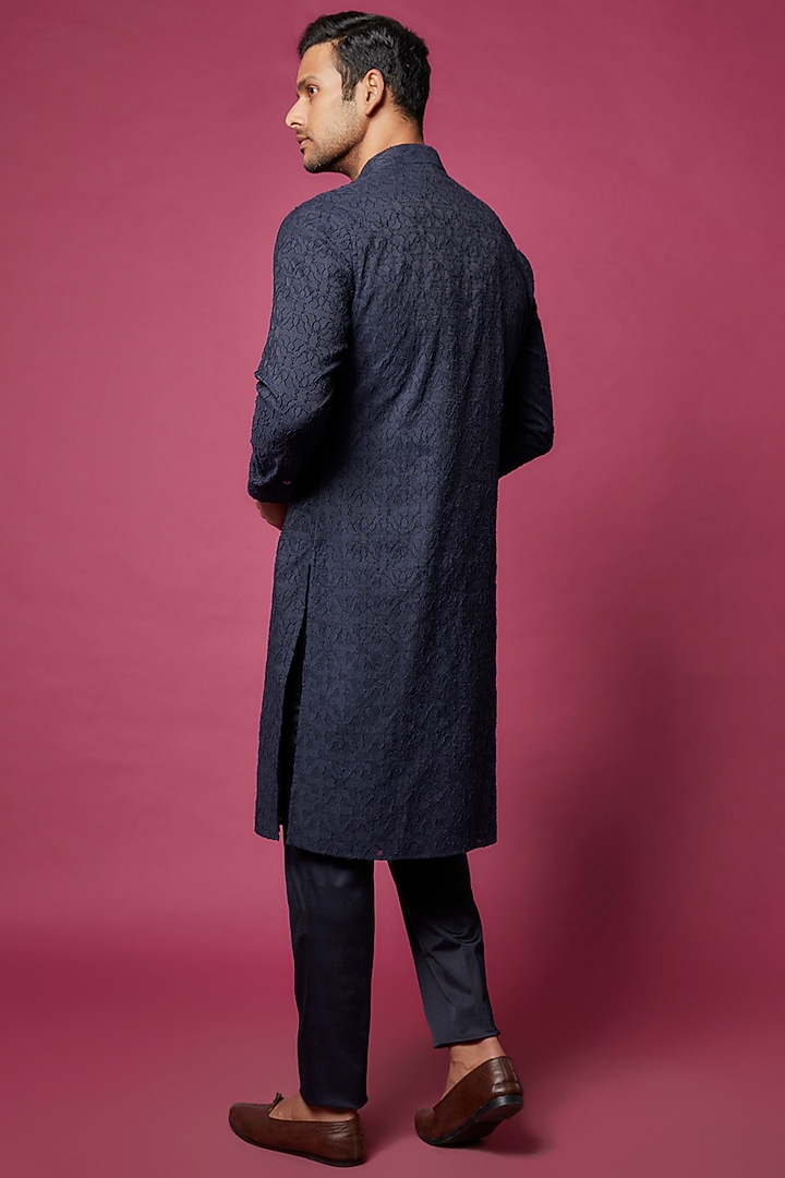 Navy Blue Handwoven Jamdani & Silk Viscose Kurta Set by ARJAN DUGAL at Pernia's Pop Up Shop