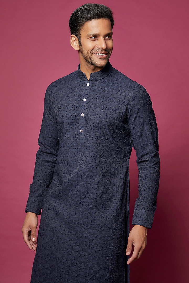 Navy Blue Handwoven Jamdani & Silk Viscose Kurta Set by ARJAN DUGAL at Pernia's Pop Up Shop