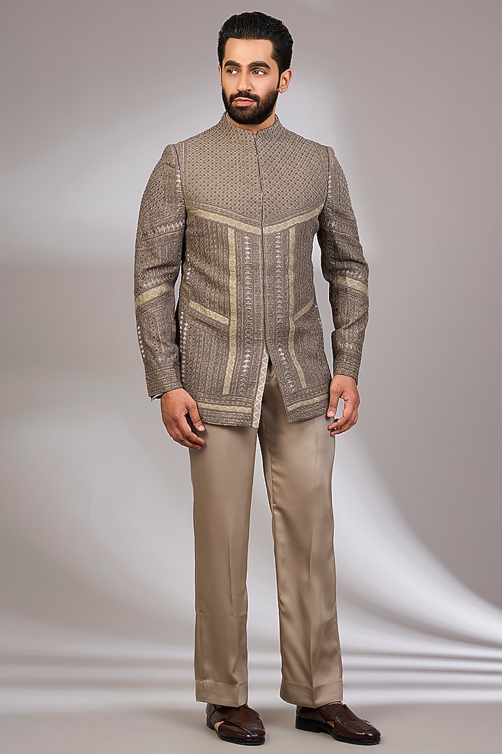 Copper Bronze Organza & Habutai Silk Groom Bandhgala Set by ARJAN DUGAL at Pernia's Pop Up Shop