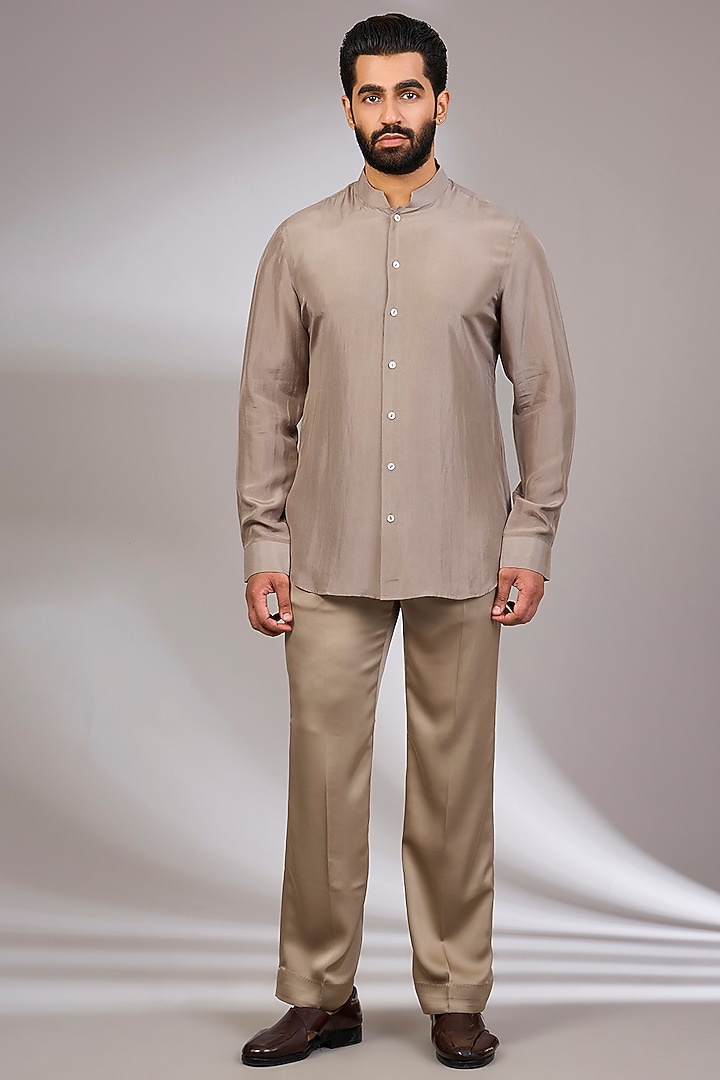 Copper Bronze Organza & Habutai Silk Groom Bandhgala Set by ARJAN DUGAL at Pernia's Pop Up Shop