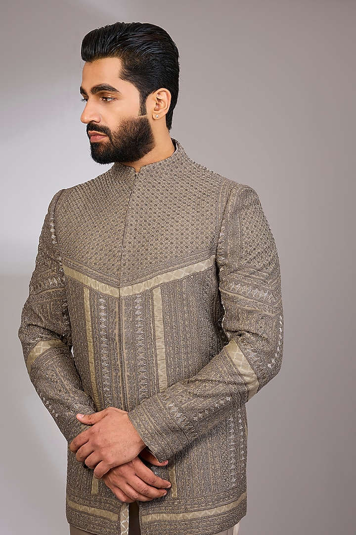 Copper Bronze Organza & Habutai Silk Groom Bandhgala Set by ARJAN DUGAL at Pernia's Pop Up Shop