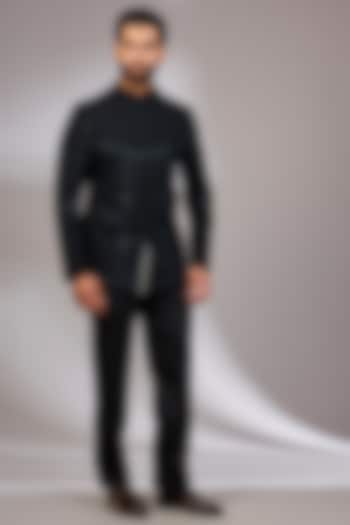 Black Organza & Habutai Silk Groom Bandhgala Set by ARJAN DUGAL at Pernia's Pop Up Shop