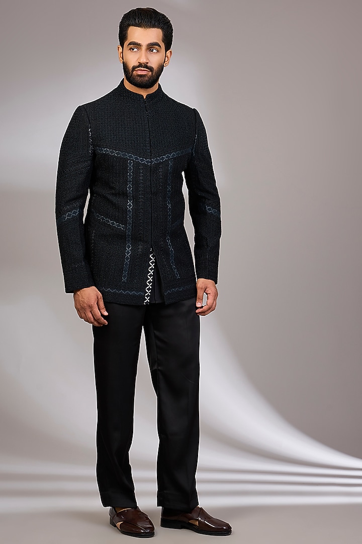 Black Organza & Habutai Silk Groom Bandhgala Set by ARJAN DUGAL at Pernia's Pop Up Shop