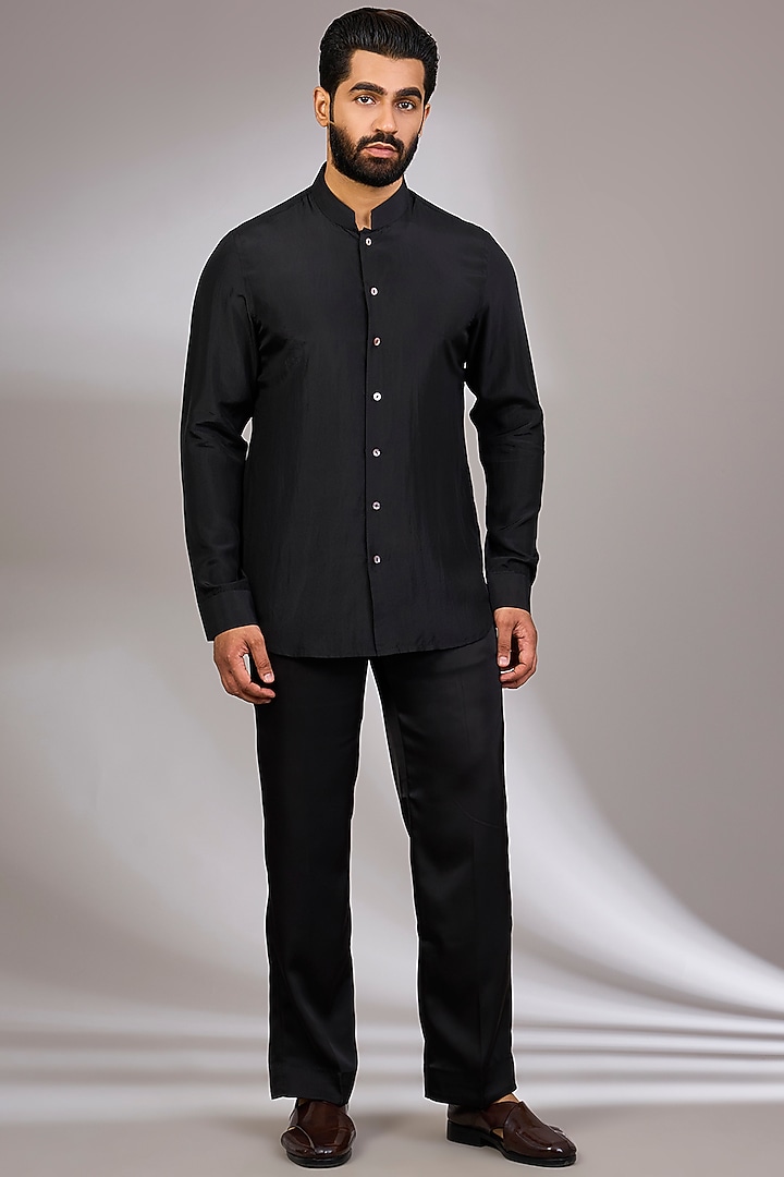 Black Organza & Habutai Silk Groom Bandhgala Set by ARJAN DUGAL at Pernia's Pop Up Shop