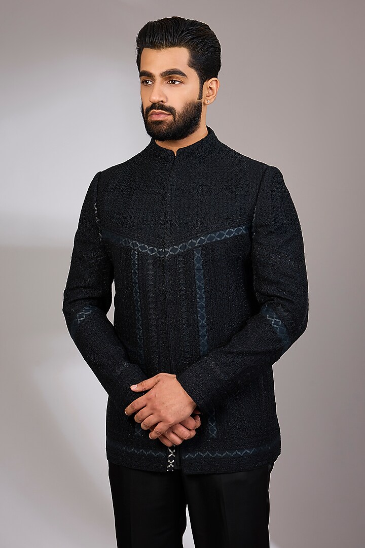 Black Organza & Habutai Silk Groom Bandhgala Set by ARJAN DUGAL at Pernia's Pop Up Shop