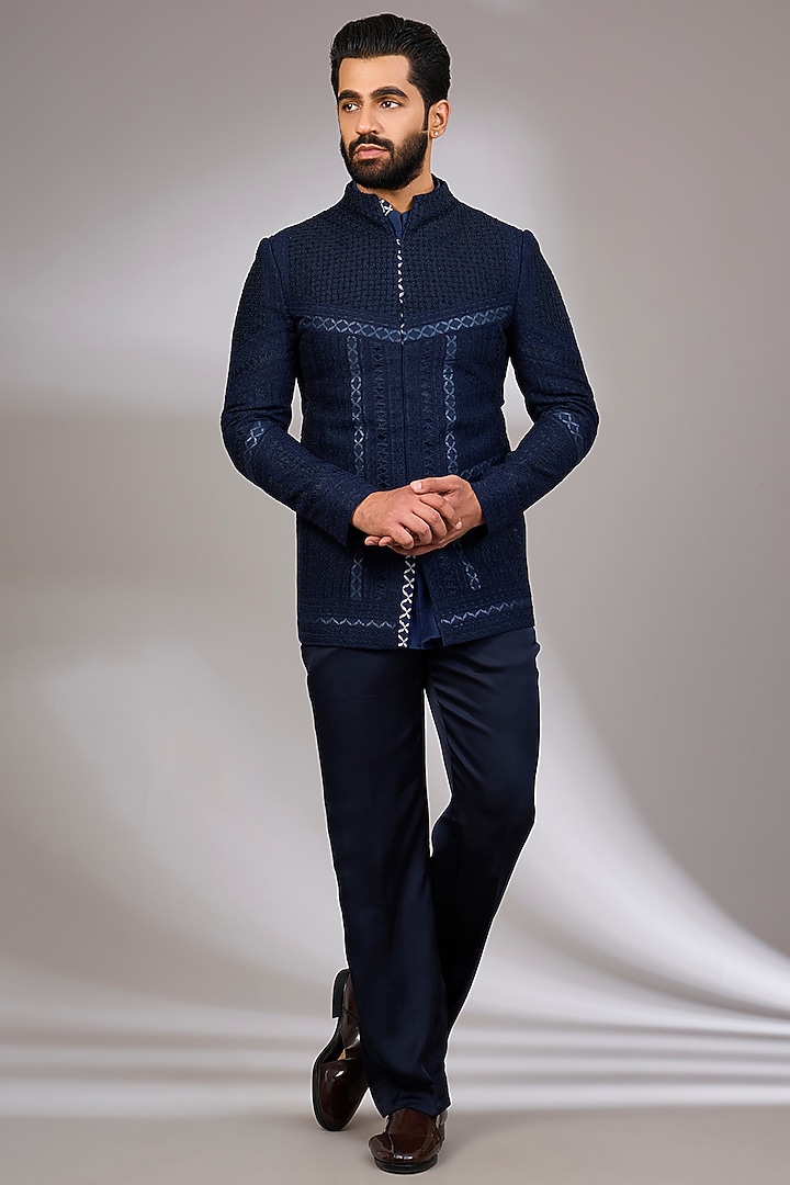 Navy Blue Organza & Habutai Silk Groom Bandhgala Set by ARJAN DUGAL at Pernia's Pop Up Shop