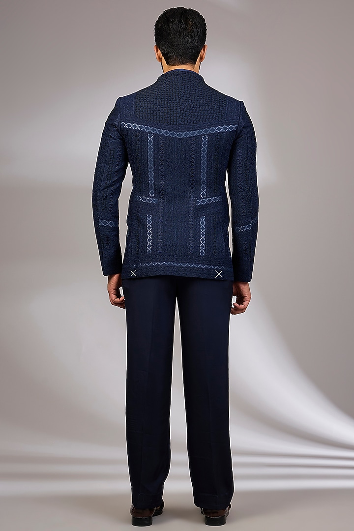 Navy Blue Organza & Habutai Silk Groom Bandhgala Set by ARJAN DUGAL at Pernia's Pop Up Shop