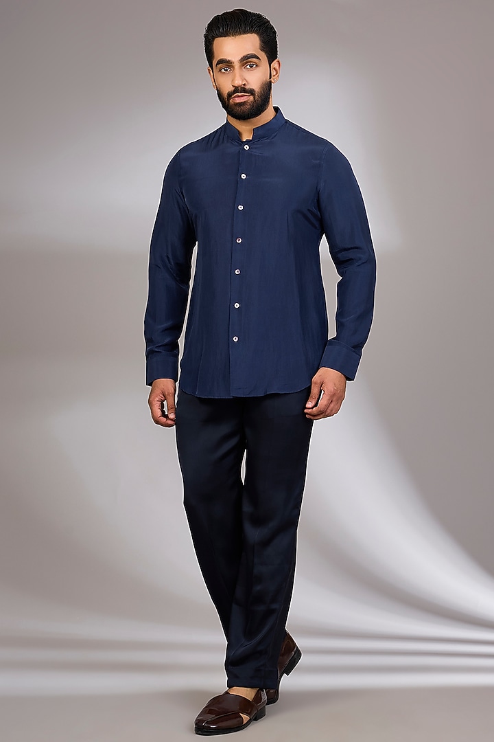 Navy Blue Organza & Habutai Silk Groom Bandhgala Set by ARJAN DUGAL at Pernia's Pop Up Shop