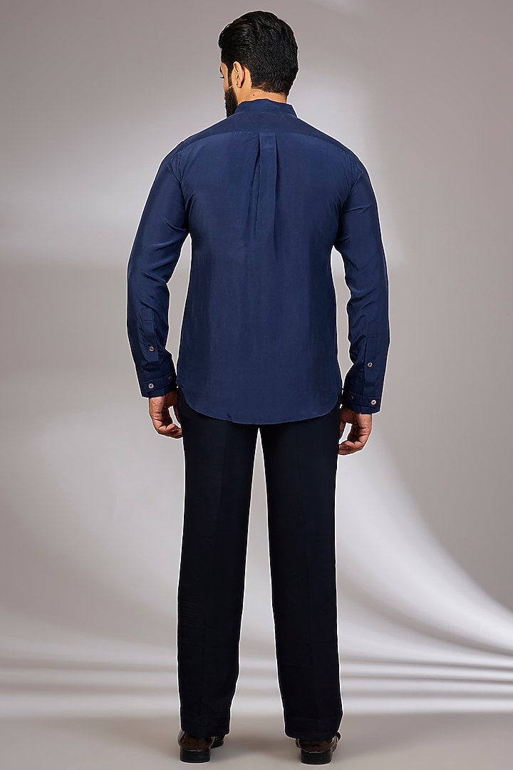 Navy Blue Organza & Habutai Silk Groom Bandhgala Set by ARJAN DUGAL at Pernia's Pop Up Shop