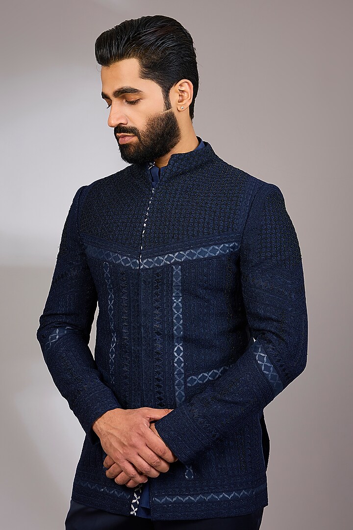 Navy Blue Organza & Habutai Silk Groom Bandhgala Set by ARJAN DUGAL at Pernia's Pop Up Shop