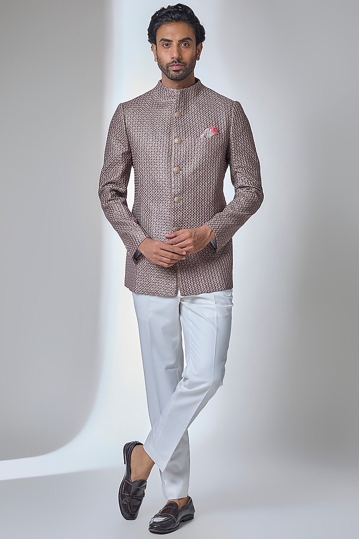 Copper Bronze Chanderi Groom Bandhgala Set by ARJAN DUGAL at Pernia's Pop Up Shop