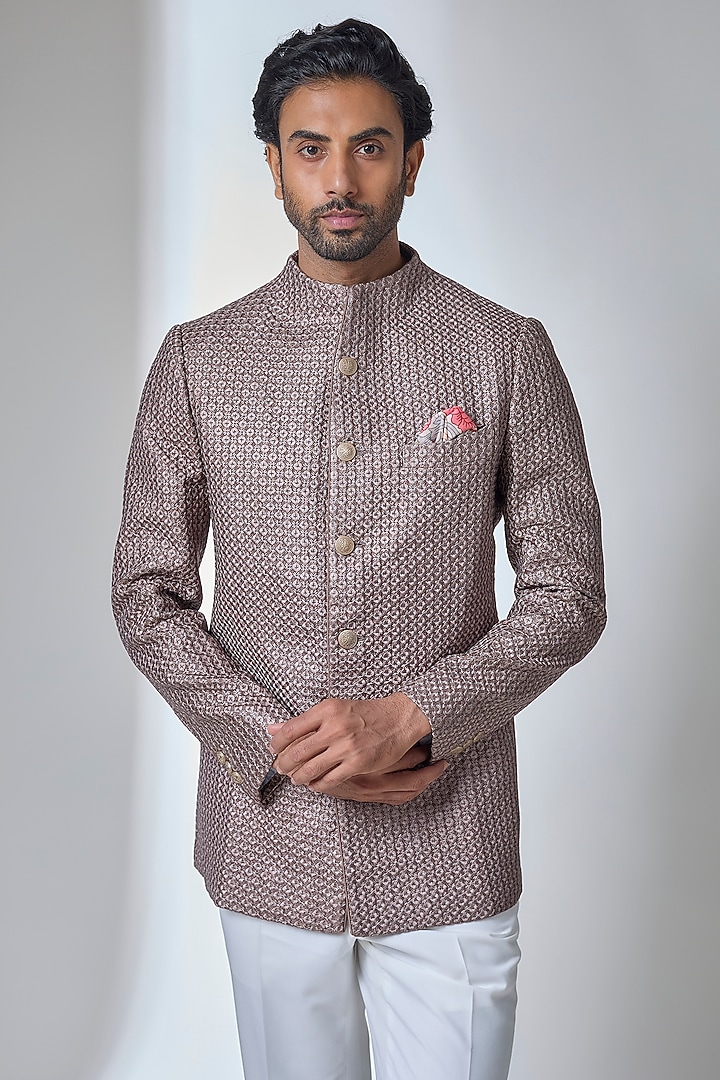 Copper Bronze Chanderi Groom Bandhgala Set by ARJAN DUGAL at Pernia's Pop Up Shop