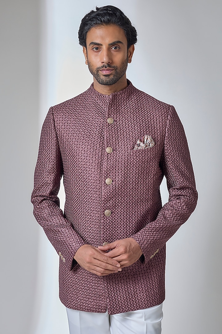 Copper Bronze Chanderi Groom Bandhgala Set by ARJAN DUGAL at Pernia's Pop Up Shop