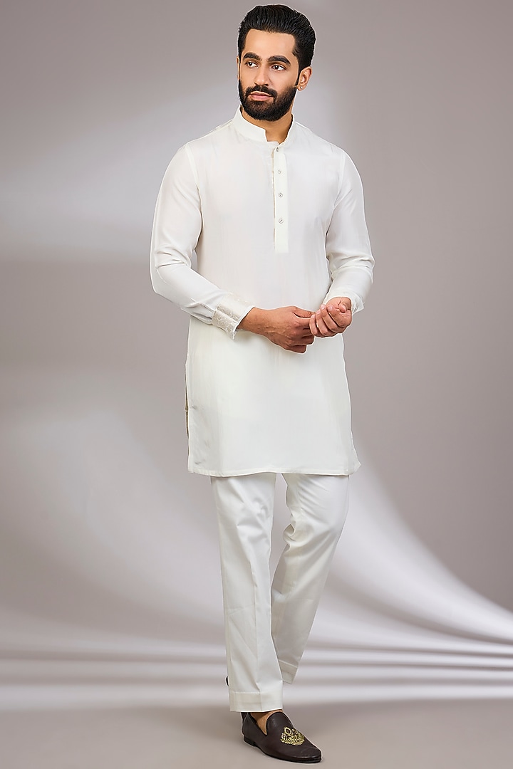 Off-White Organza & Habutai Silk Bundi Jacket Set by ARJAN DUGAL at Pernia's Pop Up Shop