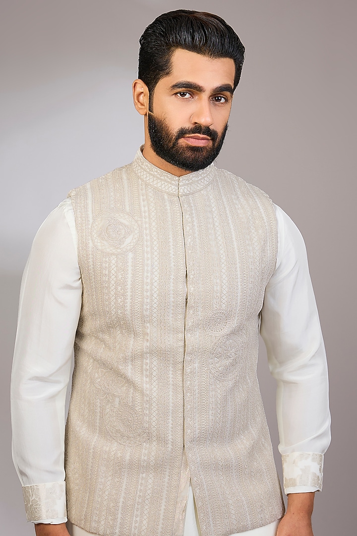Off-White Organza & Habutai Silk Bundi Jacket Set by ARJAN DUGAL at Pernia's Pop Up Shop
