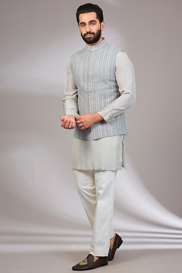 Ice Grey Organza & Habutai Silk Bundi Set by ARJAN DUGAL at Pernia's Pop Up Shop