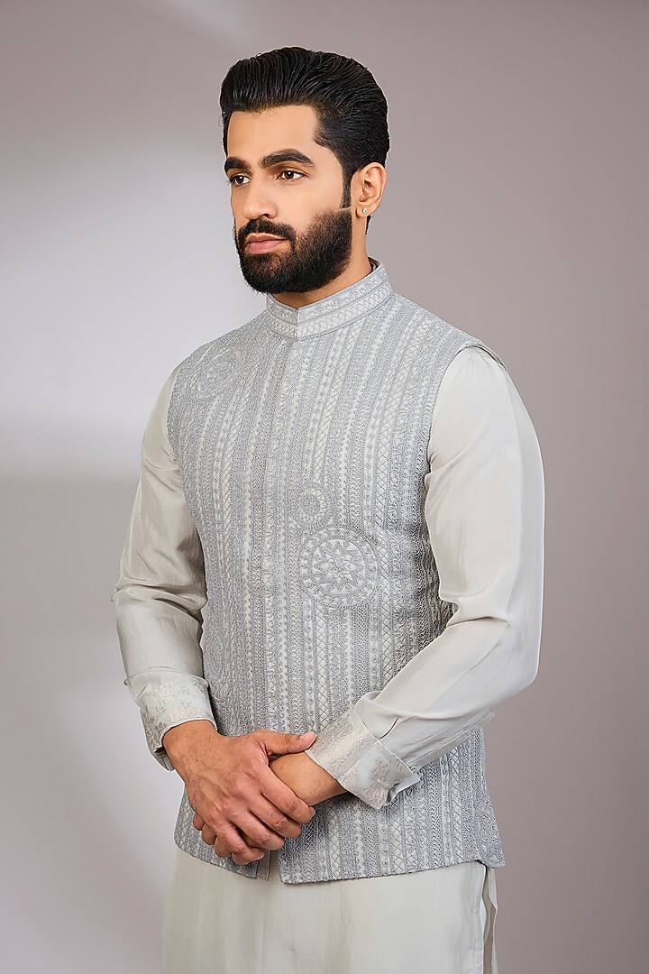 Ice Grey Organza & Habutai Silk Bundi Set by ARJAN DUGAL at Pernia's Pop Up Shop