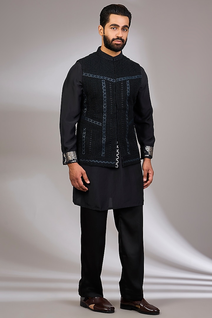 Black Organza & Habutai Silk Bundi Set by ARJAN DUGAL at Pernia's Pop Up Shop