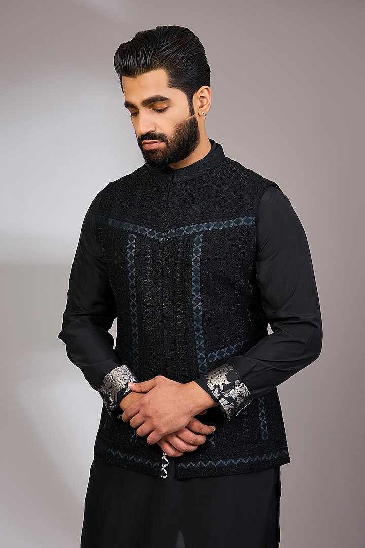 Black Organza & Habutai Silk Bundi Set by ARJAN DUGAL at Pernia's Pop Up Shop