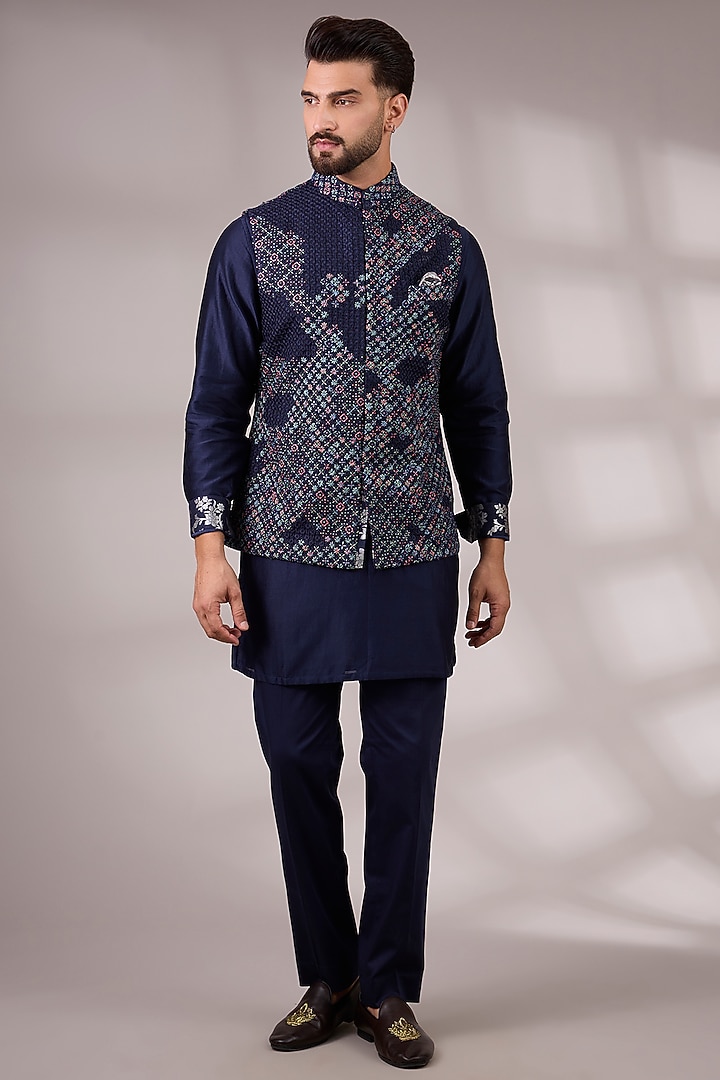Navy Blue Georgette & Satin Bundi Jacket Set by ARJAN DUGAL at Pernia's Pop Up Shop