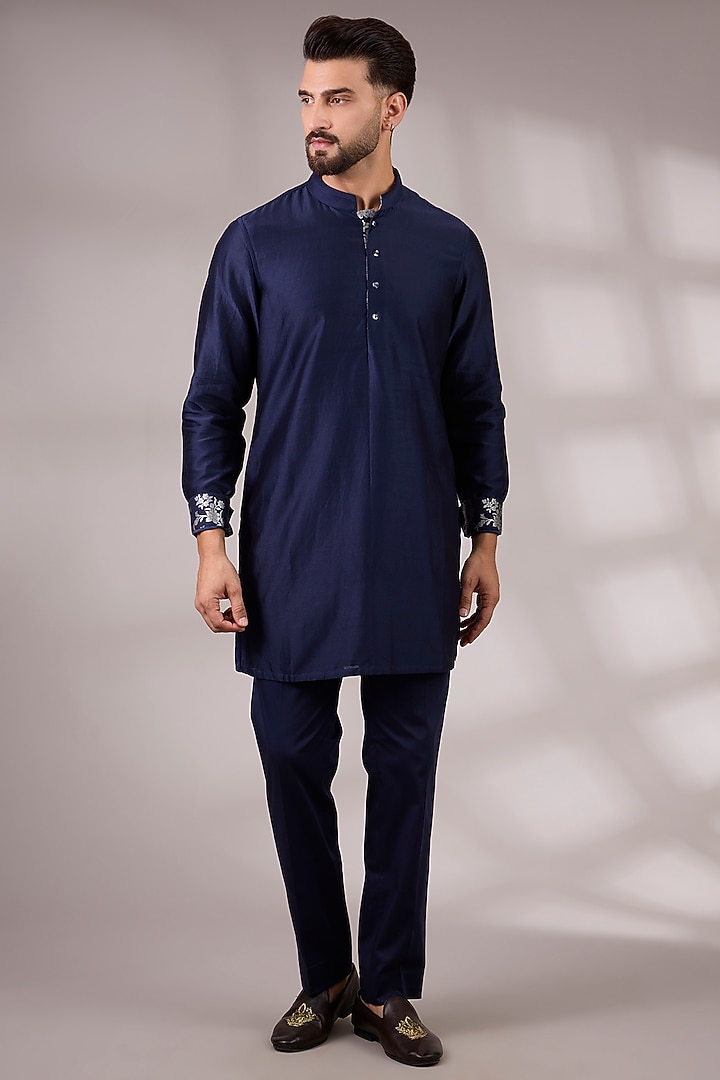 Navy Blue Georgette & Satin Bundi Jacket Set by ARJAN DUGAL at Pernia's Pop Up Shop