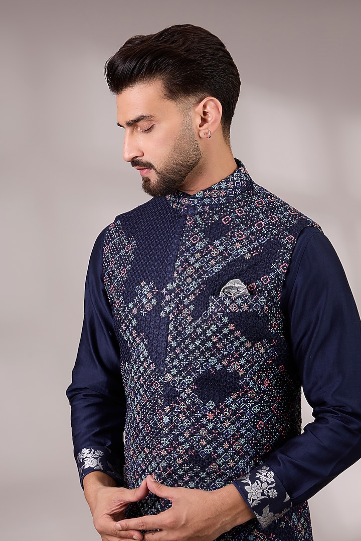 Navy Blue Georgette & Satin Bundi Jacket Set by ARJAN DUGAL at Pernia's Pop Up Shop