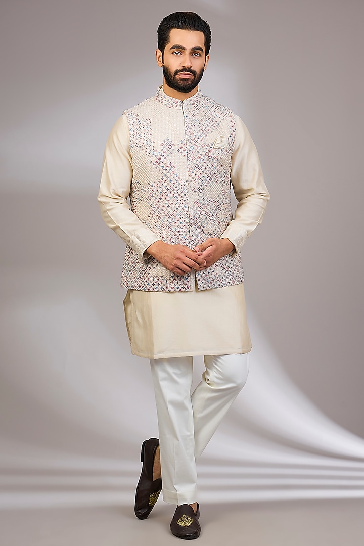 White Organza & Habutai Silk Bundi Set by ARJAN DUGAL at Pernia's Pop Up Shop